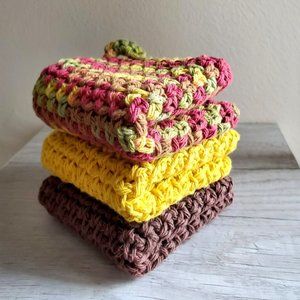 3 CROCHET DISHCLOTH WASHCLOTH 100% COTTON HANDMADE NEW Brown Yellow Green Fall